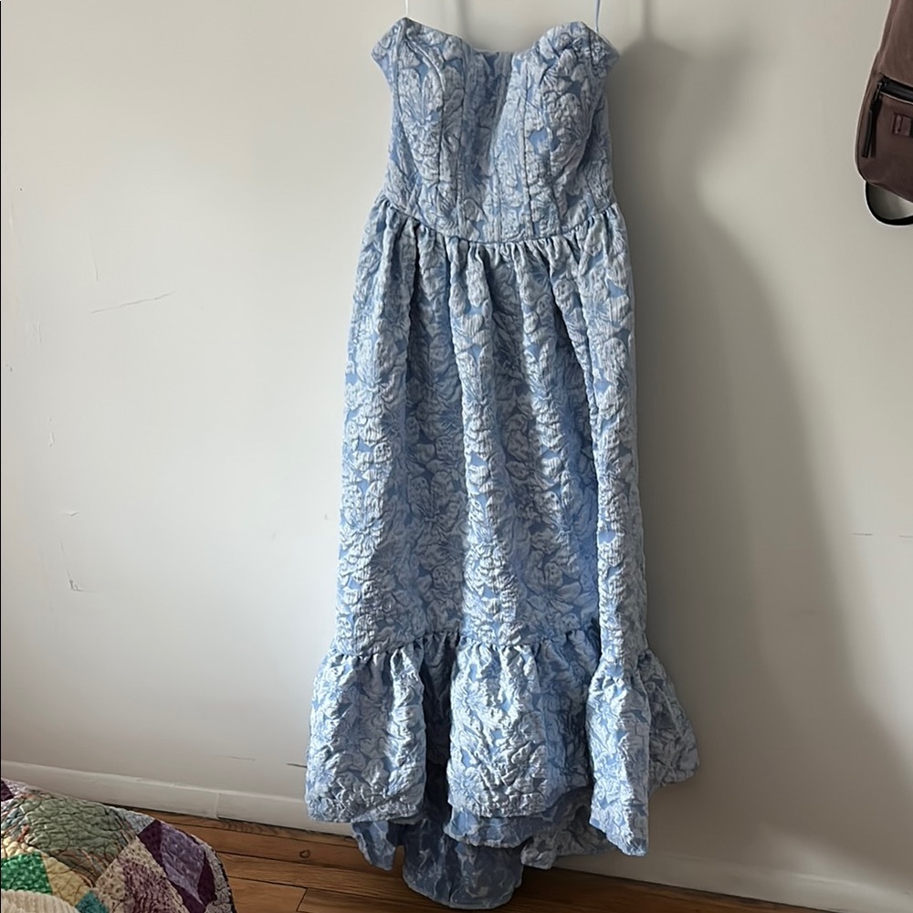 Blue A-Line Strapless Brocade Floral High Low Bridesmaid Dress